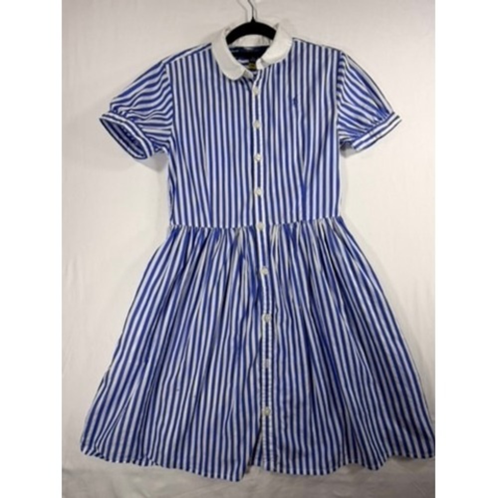 Polo Ralph Lauren Shirt Dress Women 16 Blue White Striped Good Peter Pan Collar
